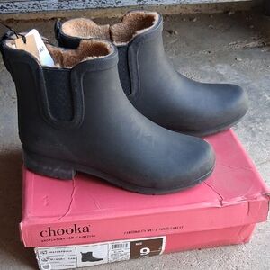 NWT Womens Chooka Black Waterproof Deldridge Chelsea Rain Boots w/ Plush Lining